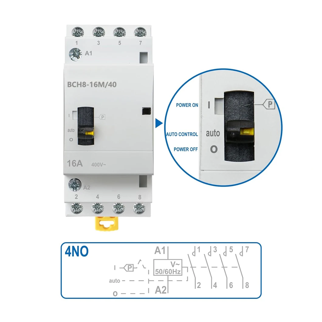 

ABILKEEN BCH8-16M/40 4-полюсный ручной бытовой контактор переменного тока 16A 4NO 50/60 Гц модульная схема контактора ручное/автоматическое управление