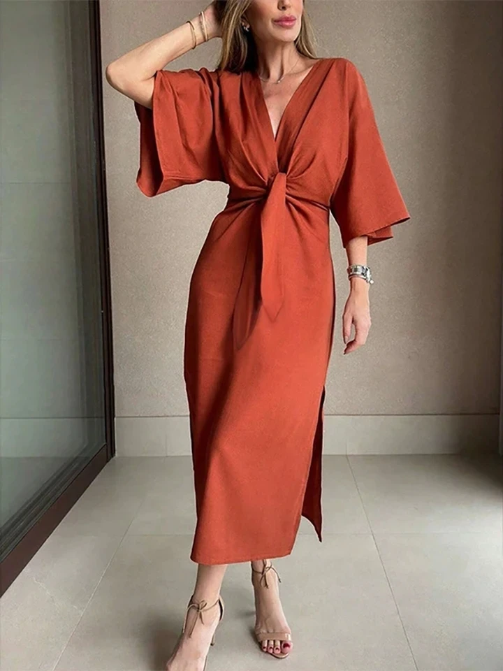 

Elegant Solid Color Commute Maxi Dress Lady Fashion V-neck Twist Half Sleeve Dress Temperament High Waist Pleated Evening Dress