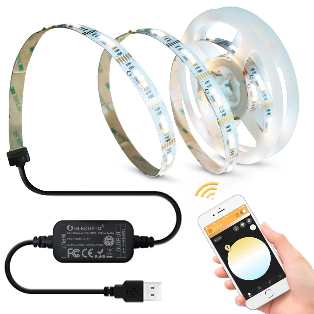 GLEDOPTO PRO 2M RGBCCT Zigbee LED Strip Light TV Backlight Smart Kit 5V USB RGB CCT Stripe Tape Ribbon Work with Hub Alexa Echo