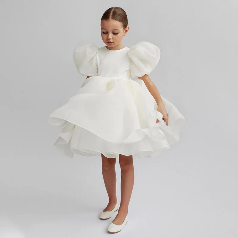 White Princess Dress For Girls Backless Children Costume Puff Sleeve Wedding Party Dresses Elegant Kids Girl Birthday Vestido