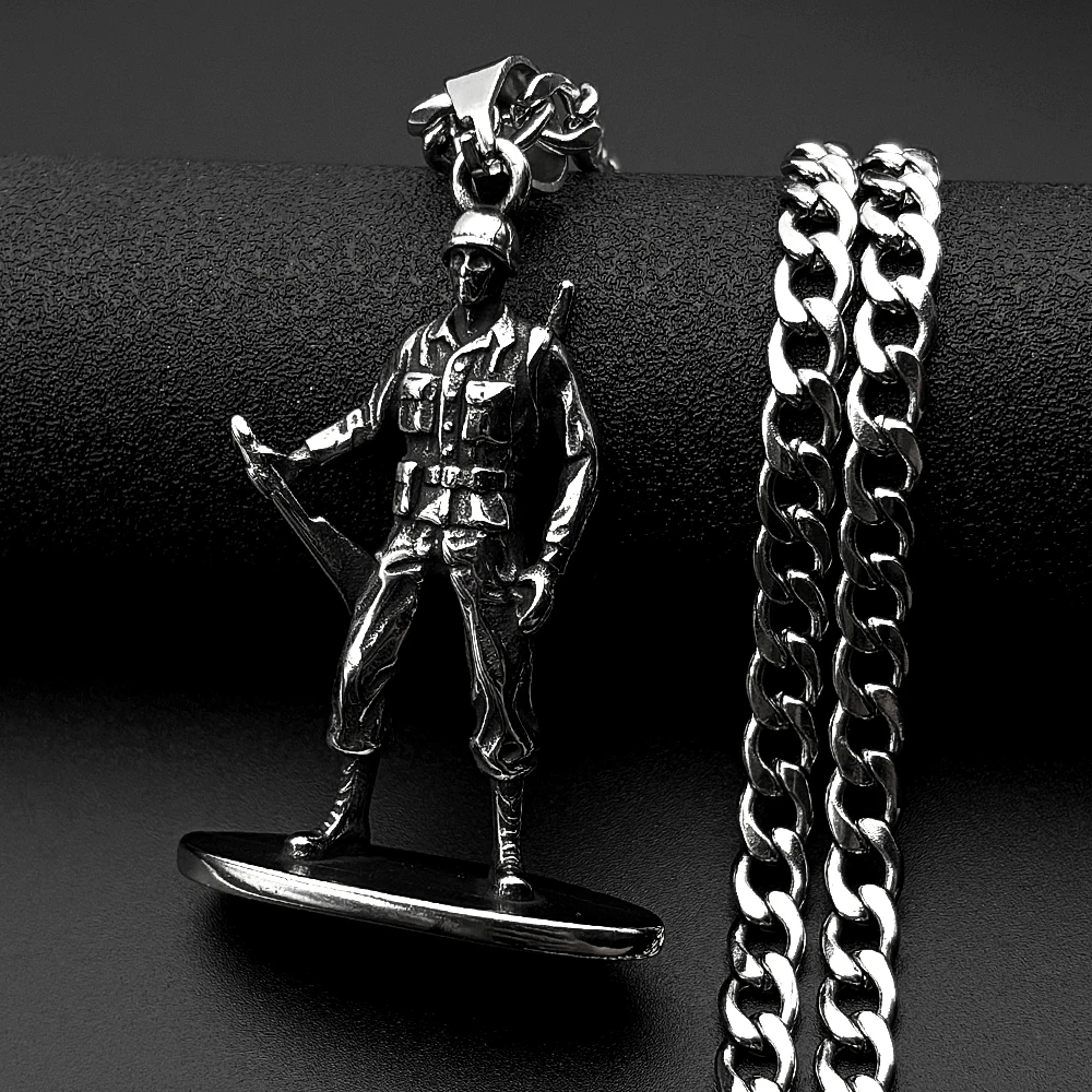 Vintage Militär Armee Stehender Soldat Anhänger Halskette für Damen und Herren 316L Edelstahl Punk-Kette Silberfarben Schmuck Geschenk – Detail 4