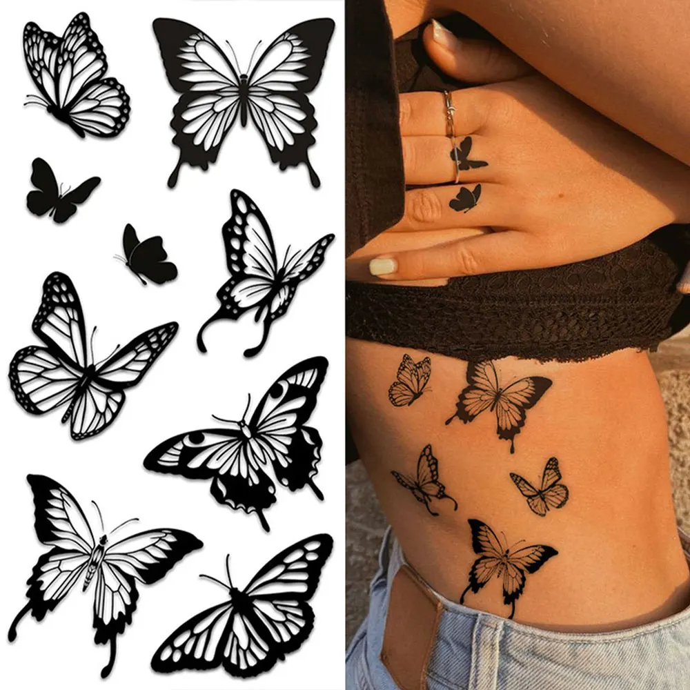 Black Flower Tattoo Stickers for Hand Waterproof Temporary Tattoos for Women Butterfly Snake Fake Tattoo Finger Fake Tattoo