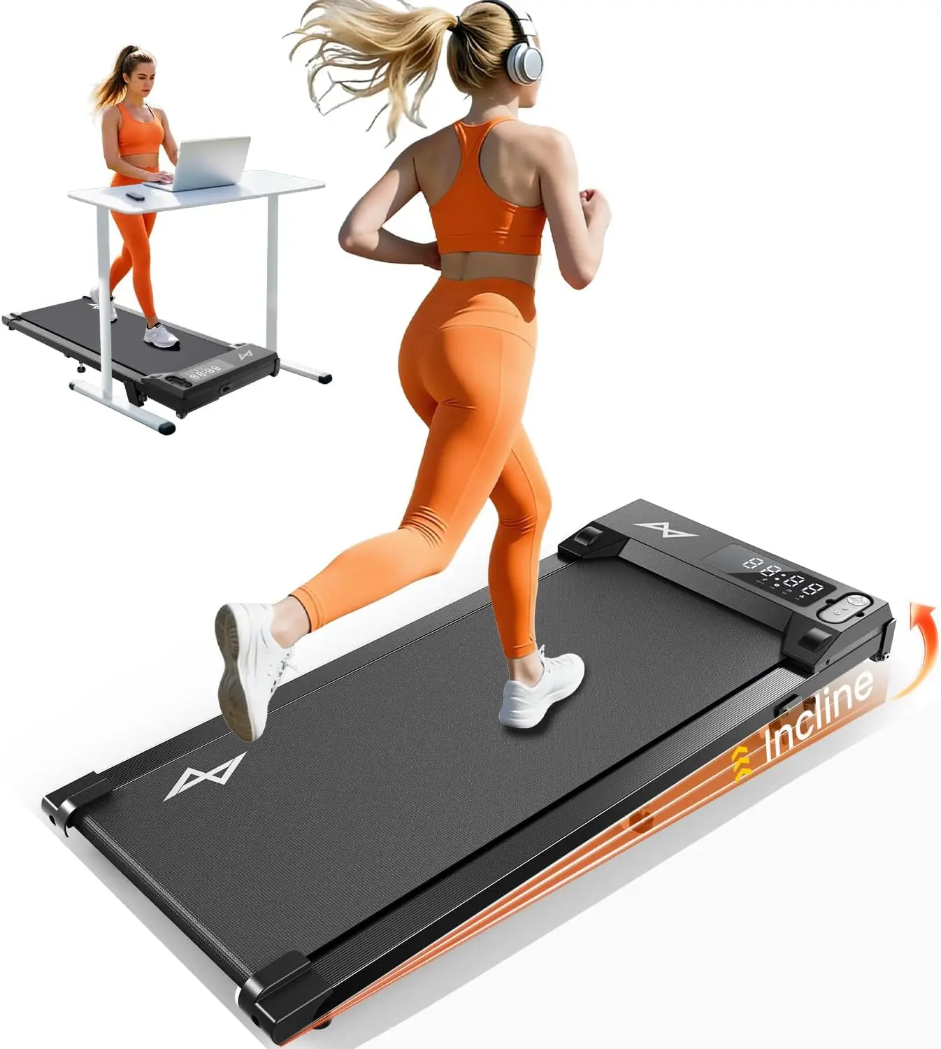

Treadmill Walking Pad with Incline, Under Desk, Compact Portable for Home, 265 lbs Capacity, LED Display Remote Control