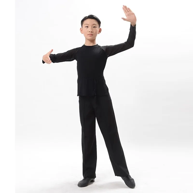 New boys Transparent sleeve Latin Shirt child black Ballroom Dance Clothing Salsa/Cha Cha/Rumba Dancing Clothes