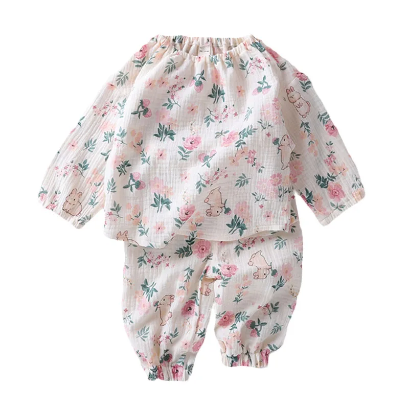 Baby Set Clothes Girls Long Sleeves Homewear Muslin Cotton Floral Pajama Outfit Kids Suit Shirt Tops+Pants 2PC 0-7 Years