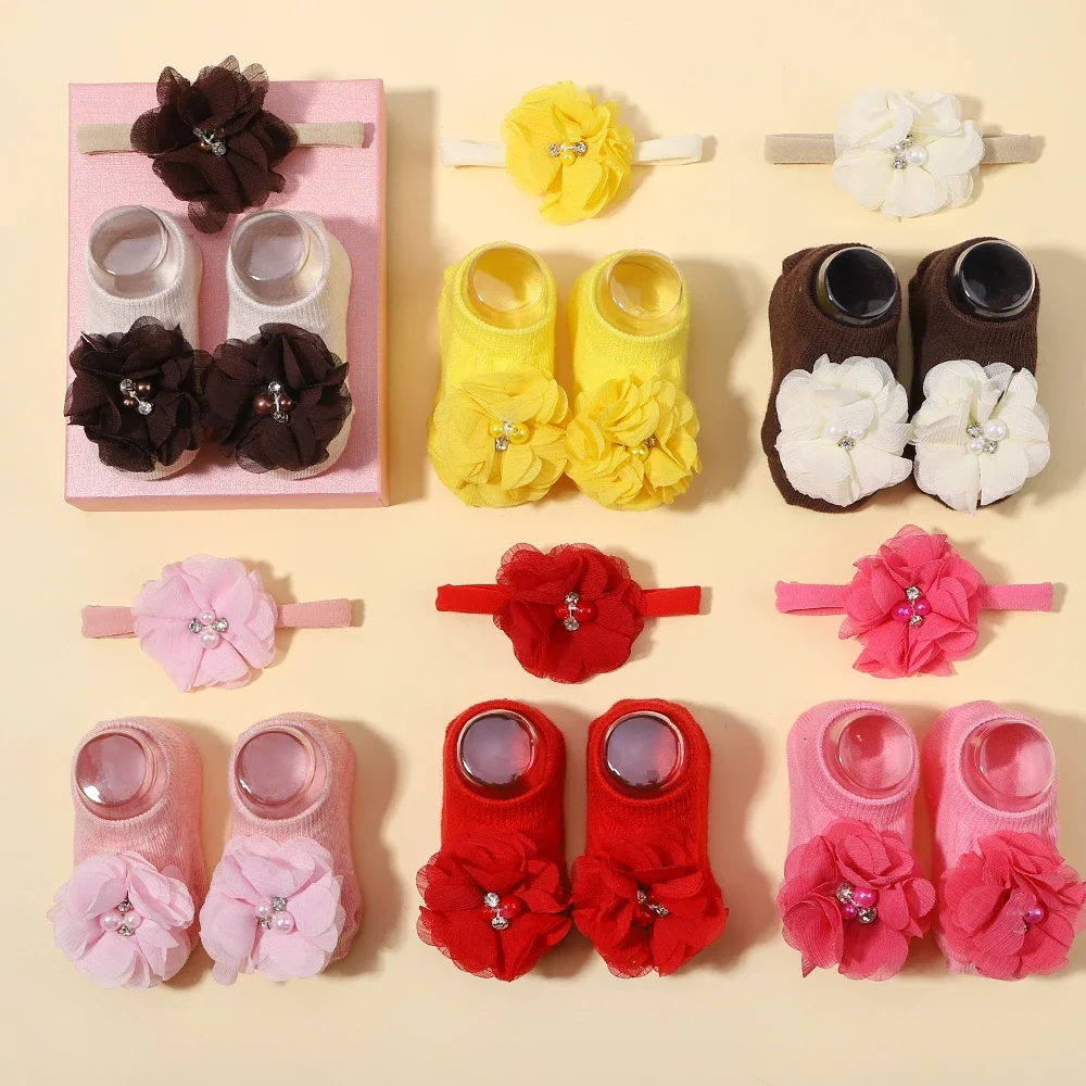 0-1Y Lovely Cartoon Baby Socks Hair Band Set Infant Toddler Non Slip Breathable Short Socks Newborn Headband Gift Accesorios