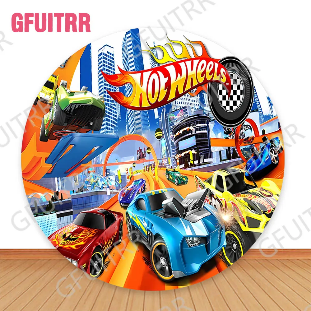 GFUITRR Hot Wheels Round Backdrop Kids Birthday Party Baby Shower Decoration Circle Covers Vinyl Polyester Background