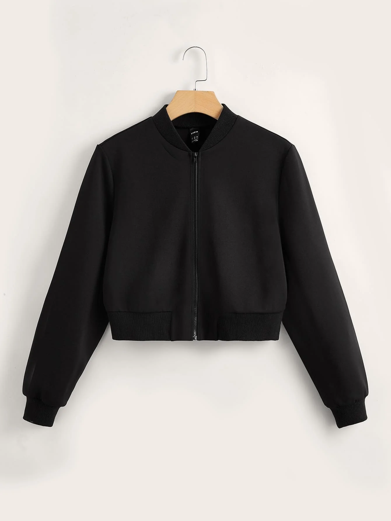 

Women's Black Cropped Zip-Up Bomber Jacket for Fall Winter Casual Wear