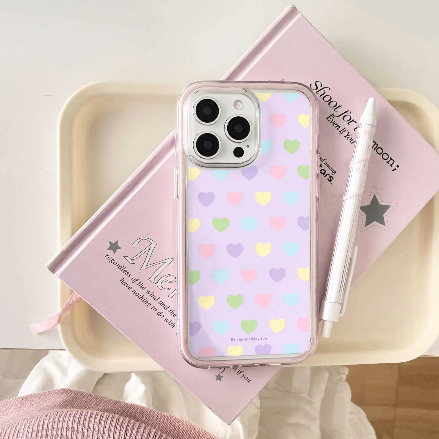 Kawaii Pastel Multicolor Heart Light Purple Base Mirror Case, Clear Frame Anti-Drop Soft TPU Cover Fits iPhone 13-17 Pro Max