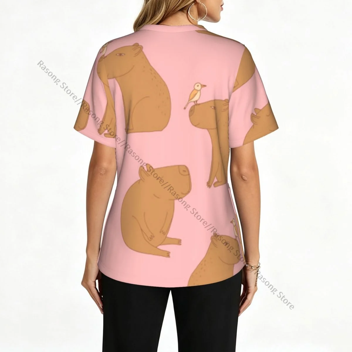 Women's Scrub Tops Short Sleeve Workwear Shirts Fitness Nursing Uniform Capybara Pattern Pullover Doctor Nursing Shirt