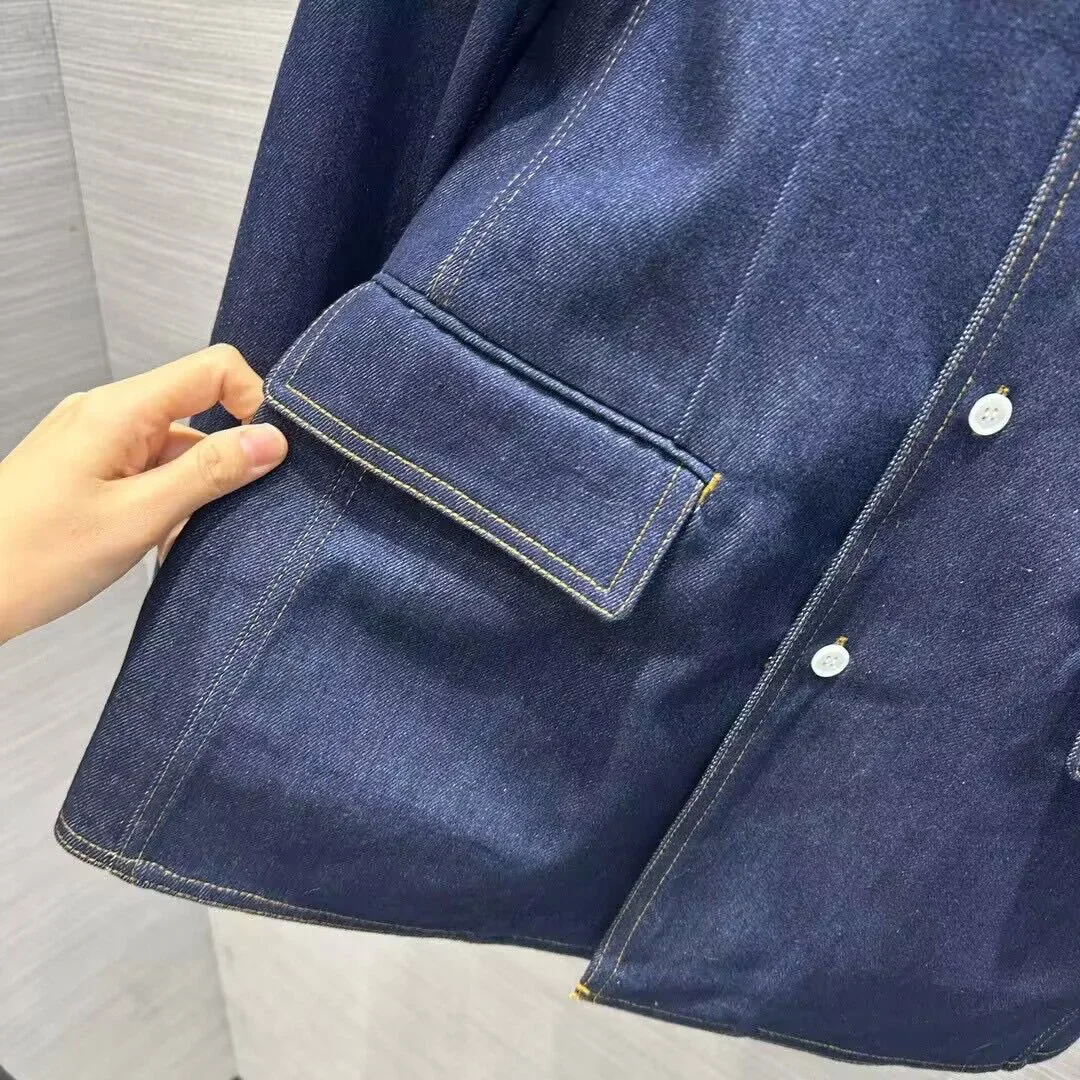 Fashion Design Blue Denim Jacket Women Turn-down Collar Long Sleeve Pockets Single Breasted Streetwear Loose Coat