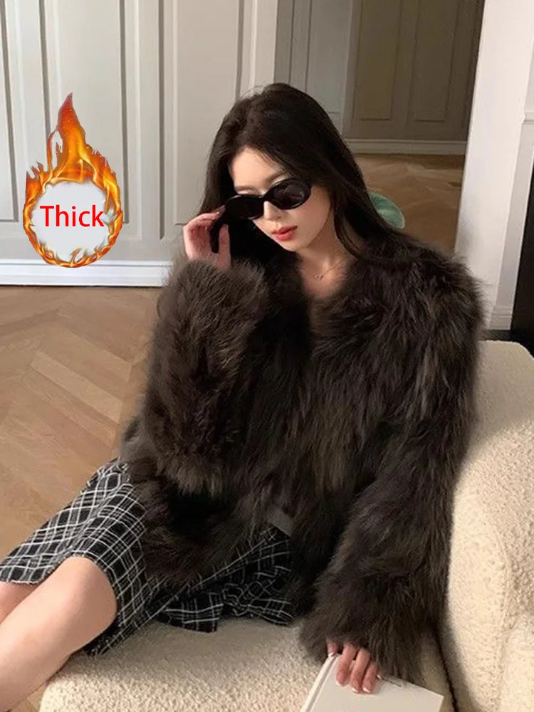Elegancki płaszcz zimowy z imitacji futra damski długi rękaw dopasowany gruby ciepły kurtka koreańska moda dekolt w serek jednolity kolor imitacja futra lisa odzież wierzchnia