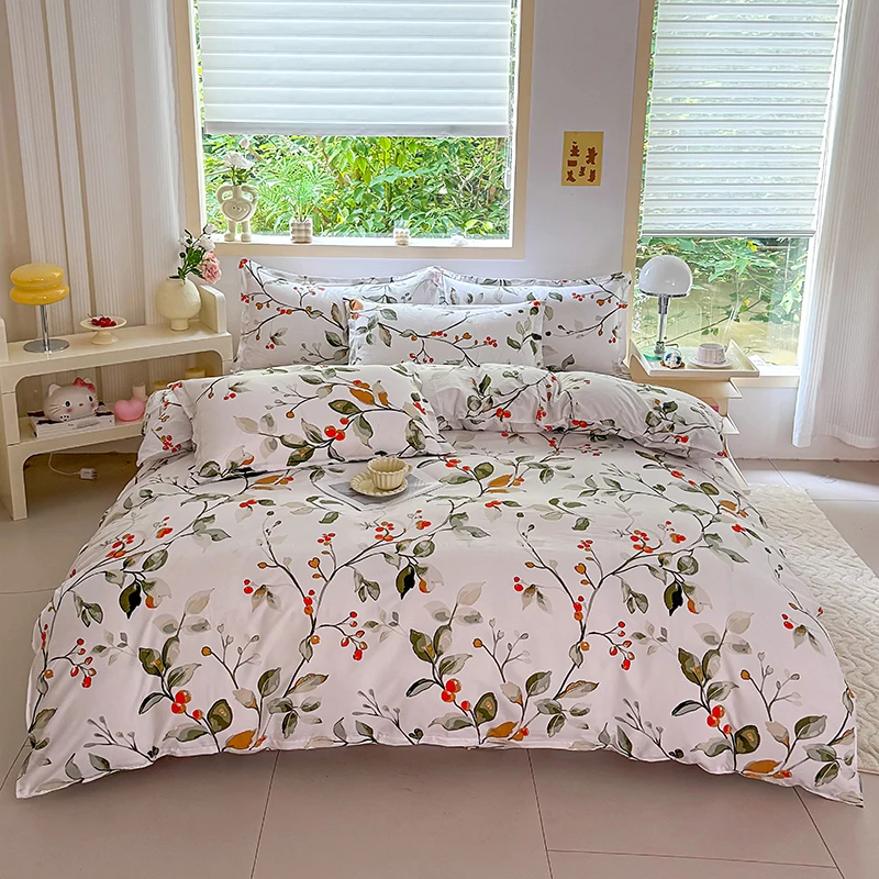 

4pcs White Base Botanical Leaf Bedding Set, Soft Breathable Bed Linen with Duvet Cover, Pillowcases Sheet, Full/Queen/King Size