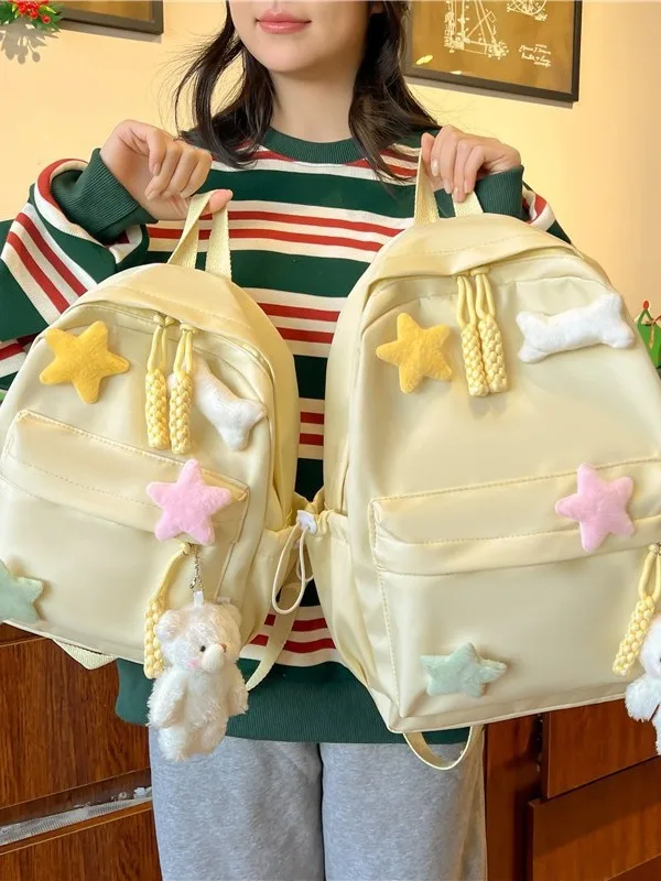 Yellow Backpack Plush Star Decor Bear Pendant Large Capacity Multi Pocket Teen Girls Student School Travel Rucksack