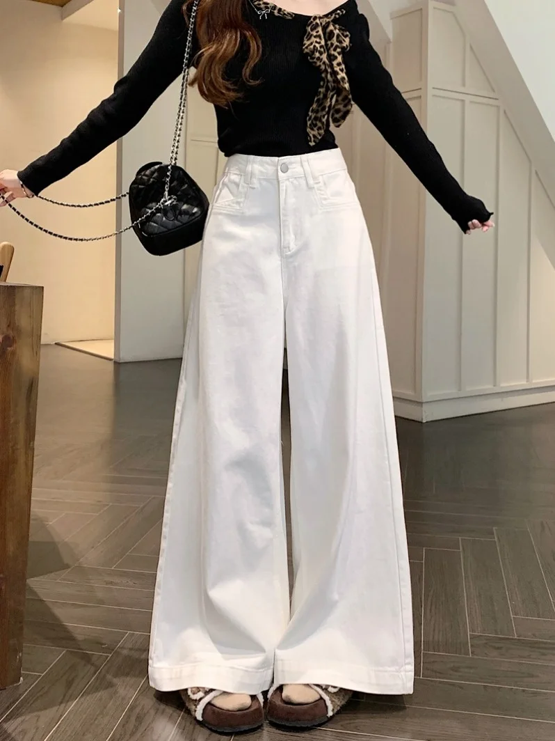 

Джинсы с высокой талией и широкими штанинами, повседневные, женские, свободного кроя, весенние, белые, джинсовые брюки с эффектом утяжки живота и коррекции фигуры