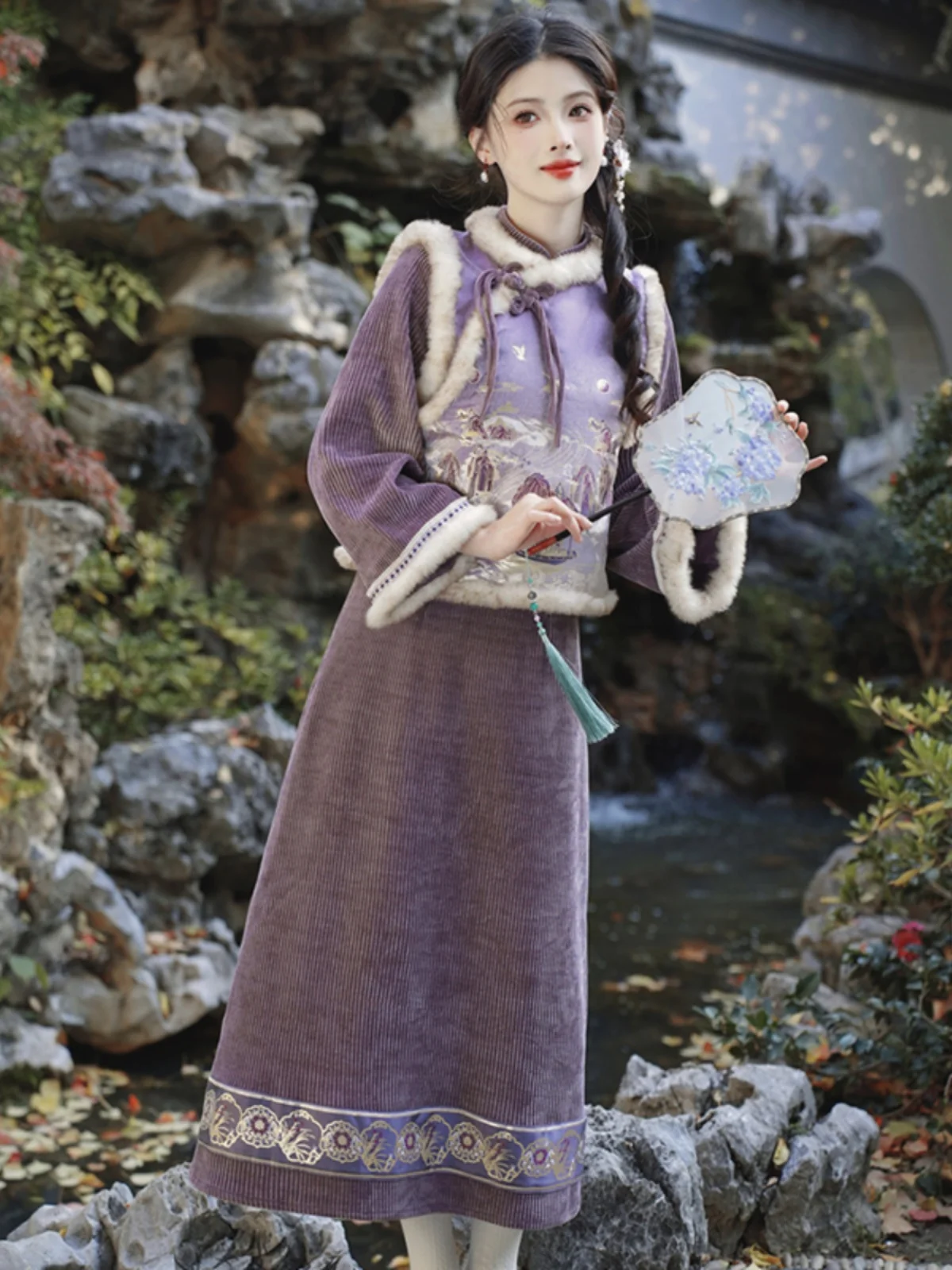 new-year's-thiened-gold-weave-embroidery-flag-dr-two-piece-set-winter-chinese-sle-long-sve-mid-length-polyester-fiber