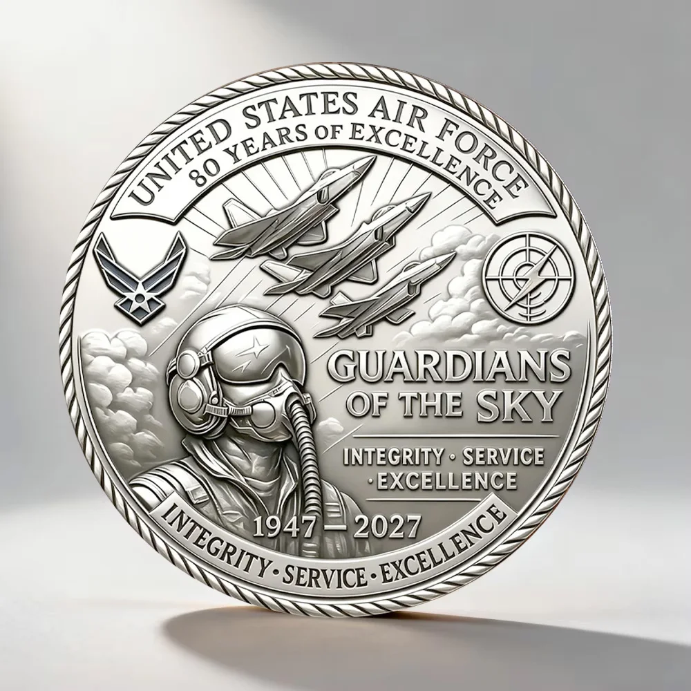 2D UV Air Force 80th Anniversary Souvenir Coin The Sky Pilot Fighter Jet Silvry Plated Commemorative Coin Home Decoration