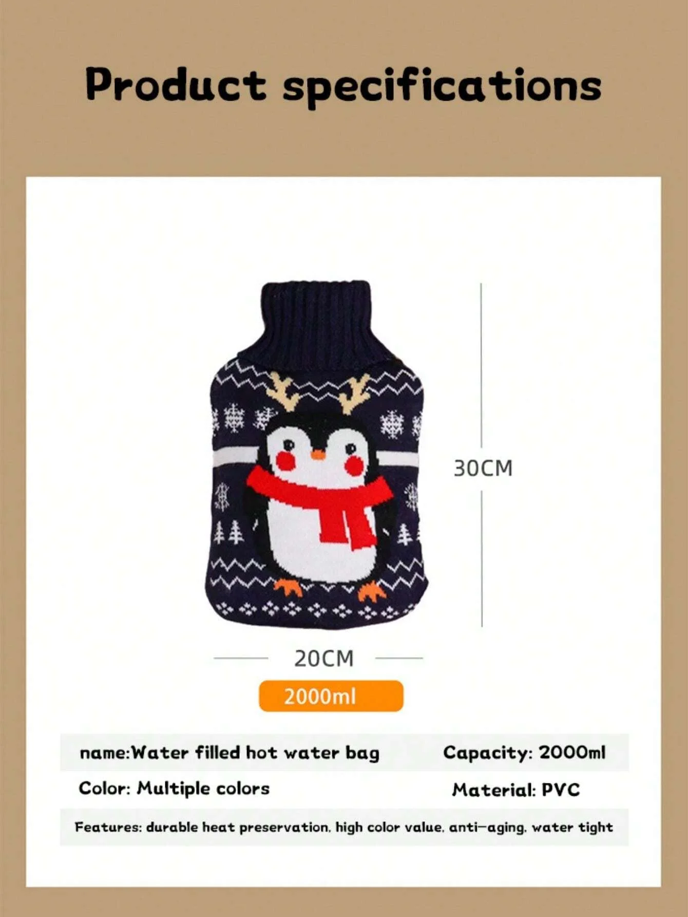 2000Ml Large Hot Water Bottle With Cover, Cute Cartoon Pvc Water Bag And Soft Plush Cover Christmas Present (Due To Different Ba