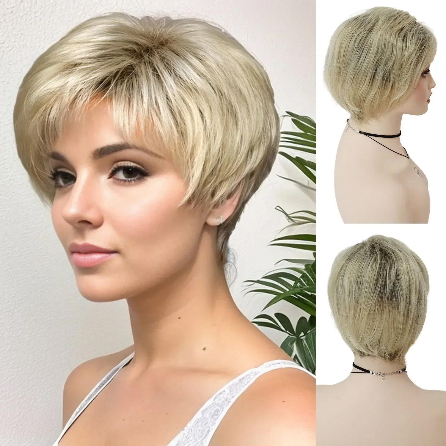 Short Blonde Wigs for Women Synthetic Hair Natural Wig with Bangs Mother Outfits Wigs Ombre Blond Wig Straight Hair Clearance