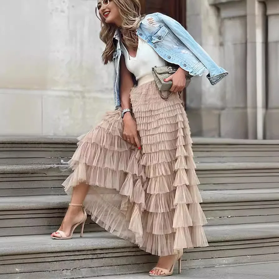 2025 Summer Women Skirt Elegant Solid Color High Waist Gauze Cake Skirt Ruffles Fluffy High Waist French Dress Streetwear Y2K