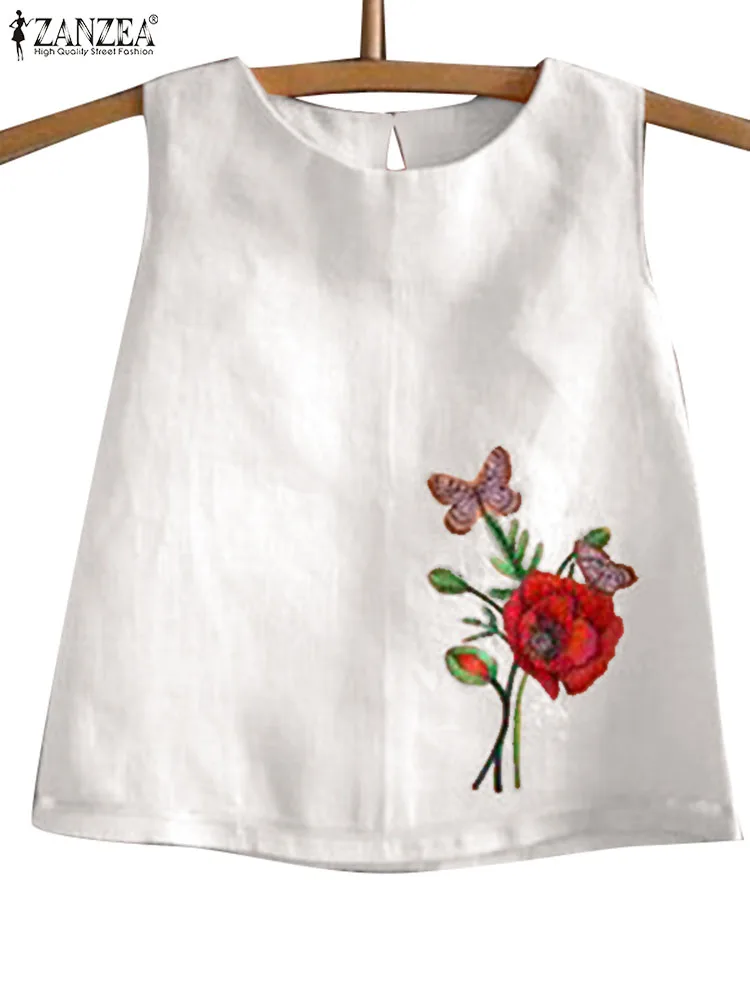 Zanzea-top vintage feminino com bordados florais, sem mangas, em torno do pescoço, boêmio, casual, solto, férias, verão, 2024