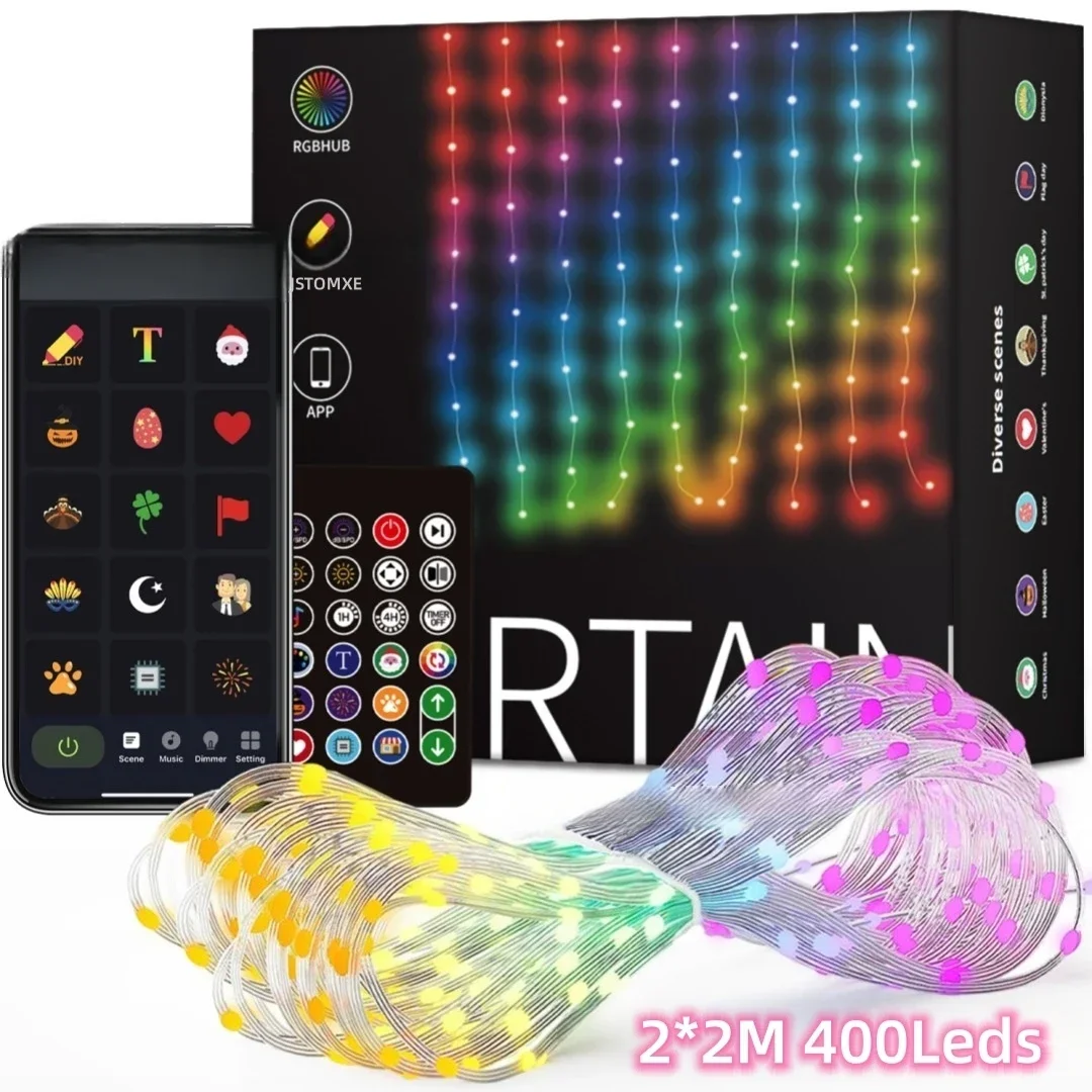 RGBIC Color Changing Christmas Lights String Dimmable DIY Patterns 400LED Smart Curtain Lights Bedroom Courtyard Decor