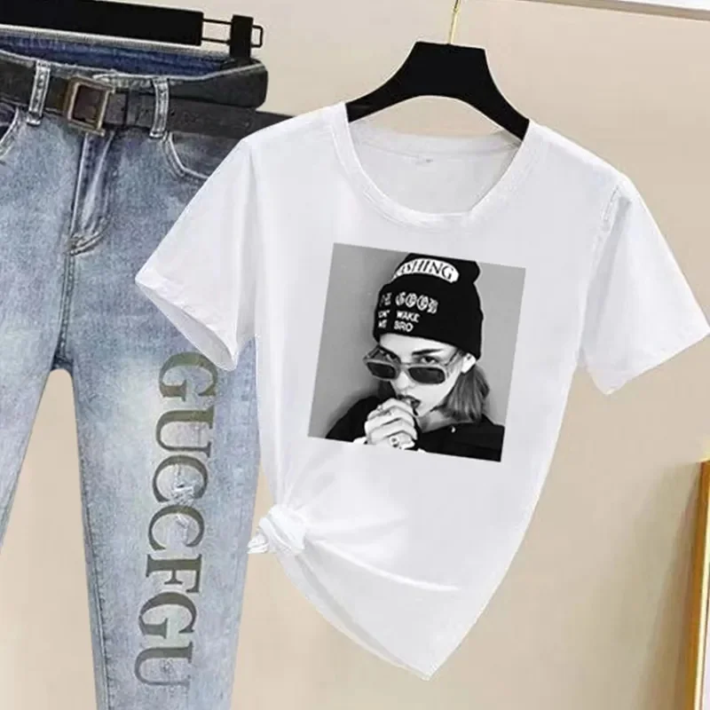 2022 Fashion Nieuwe Letters Print Losse En Dunne Harem Jeans Broek Kleine Voeten Koreaanse Korte Mouwen T-shirt Jeans Pak vrouwen Tij