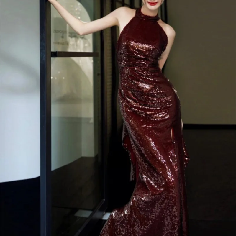 New Burgundy sequined niche morning gown toasting dress