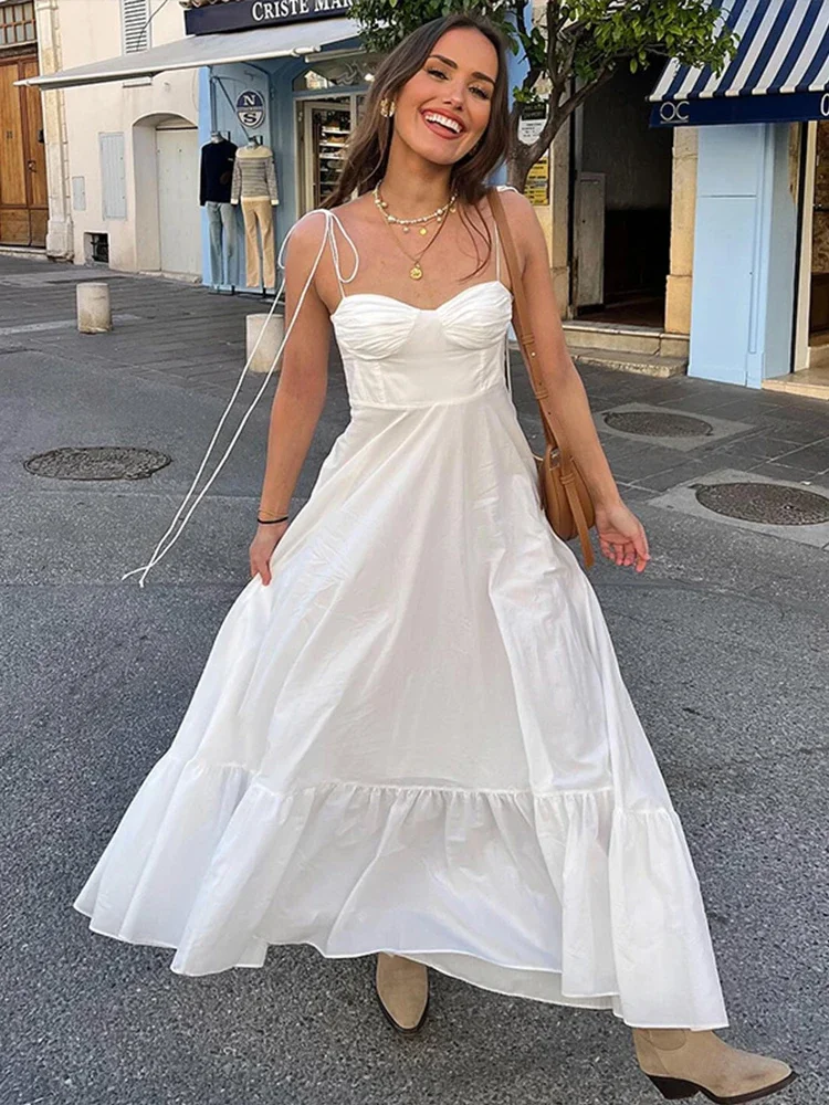 Elegant Lace Up Backless Long Dress Women High Waist Sleeveless Off Shoulder Ruffled Hem Dresses Female White Strap Holiday Robe