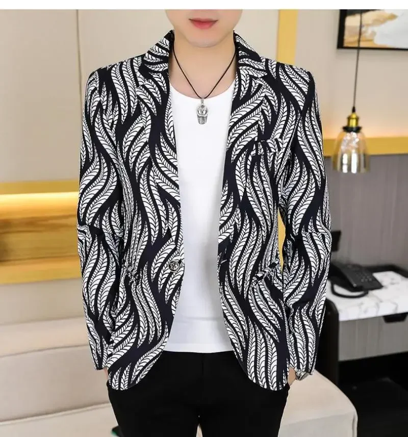 

Men Blazer Slim Fit Autumn New High Quality Korean Style Striped Print Long Sleeve Wedding Suit Jacket Coat Casual Men Clothing