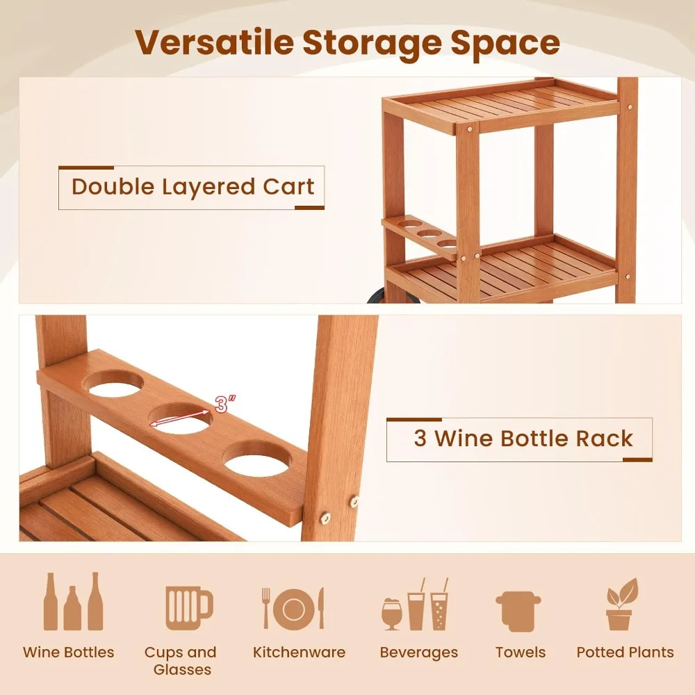 عربة بار خشبية من Giantex، طاولة جانبية من طبقتين بعجلات كبيرة ورف زجاجات النبيذ، عربة تقديم بار منزلي مع لمسة نهائية من زيت الساج، داخلية #5