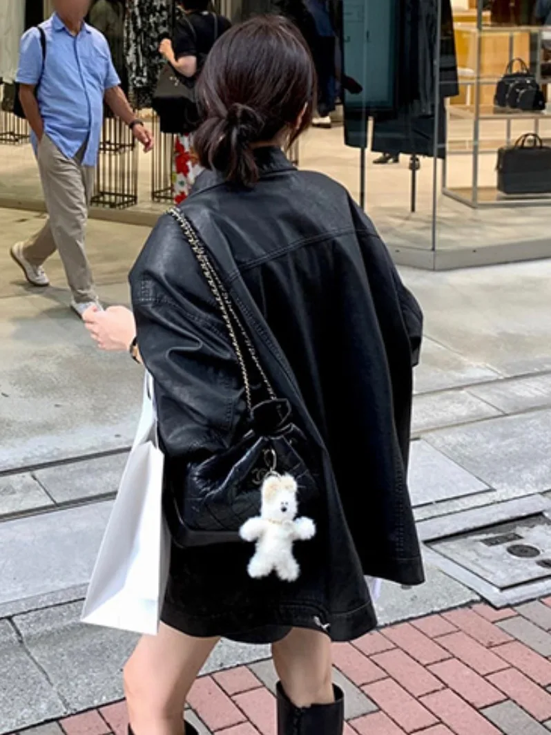 Premium Feel Leather Jaet Women's 2025 Spring Autumn Sle American Retro Classic PU Leather Motorcycle Clothes Top