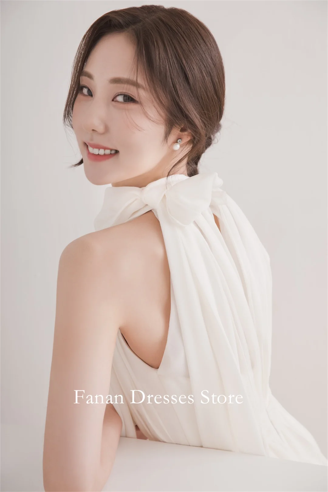 FANAN licou cou froncé élégant Simple robes de mariée a-ligne sans manches en mousseline de soie ivoire robes de mariée Garona ivoire Custo