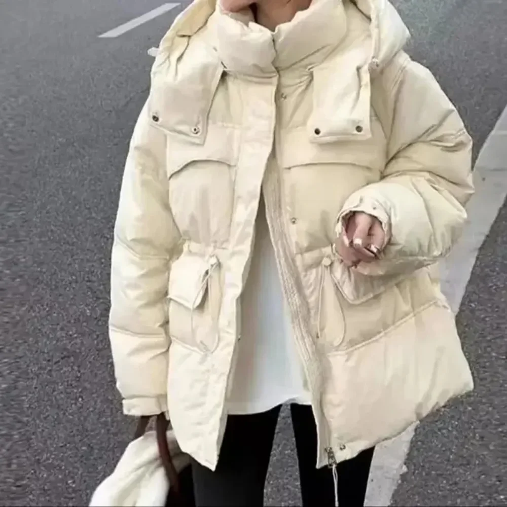 2024 New Winter Coat Female Women Jacket Hooded Stand Collar Parkas Coat Drawstring White Duck Down Jacket Outerwears Fashion