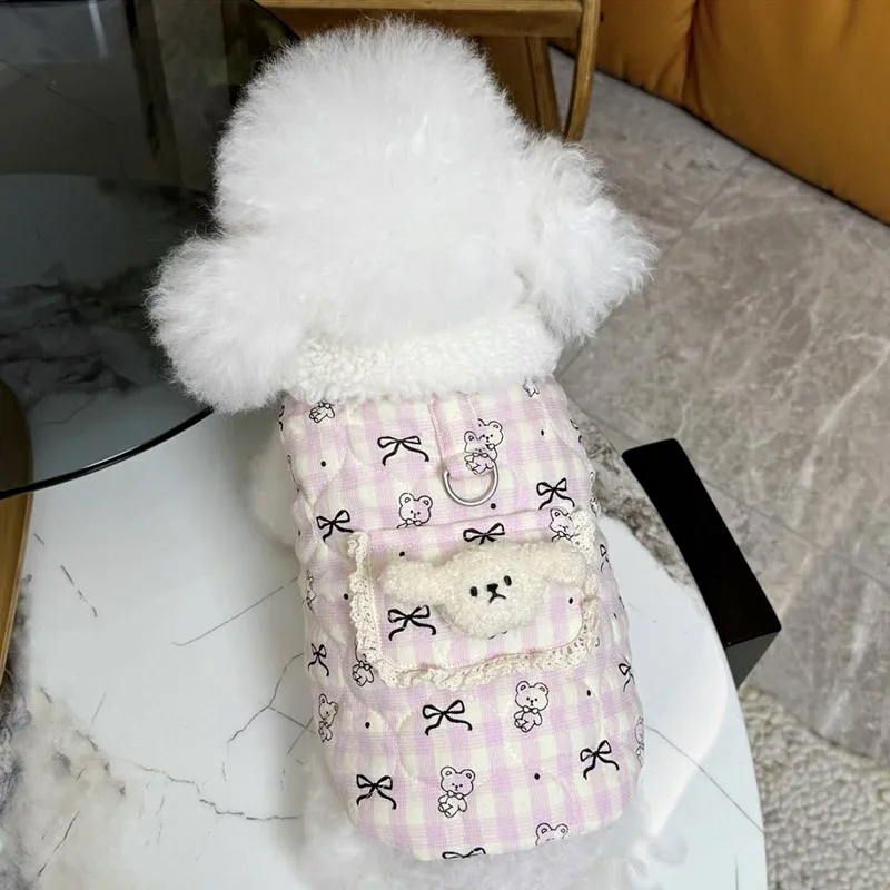 Small Bear Bow Pattern Pet Cotton Coat Winter Teddy  Warm Down Jacket Bichon Cute Four-Legged Coat Cartoon Dog Clothes view 5