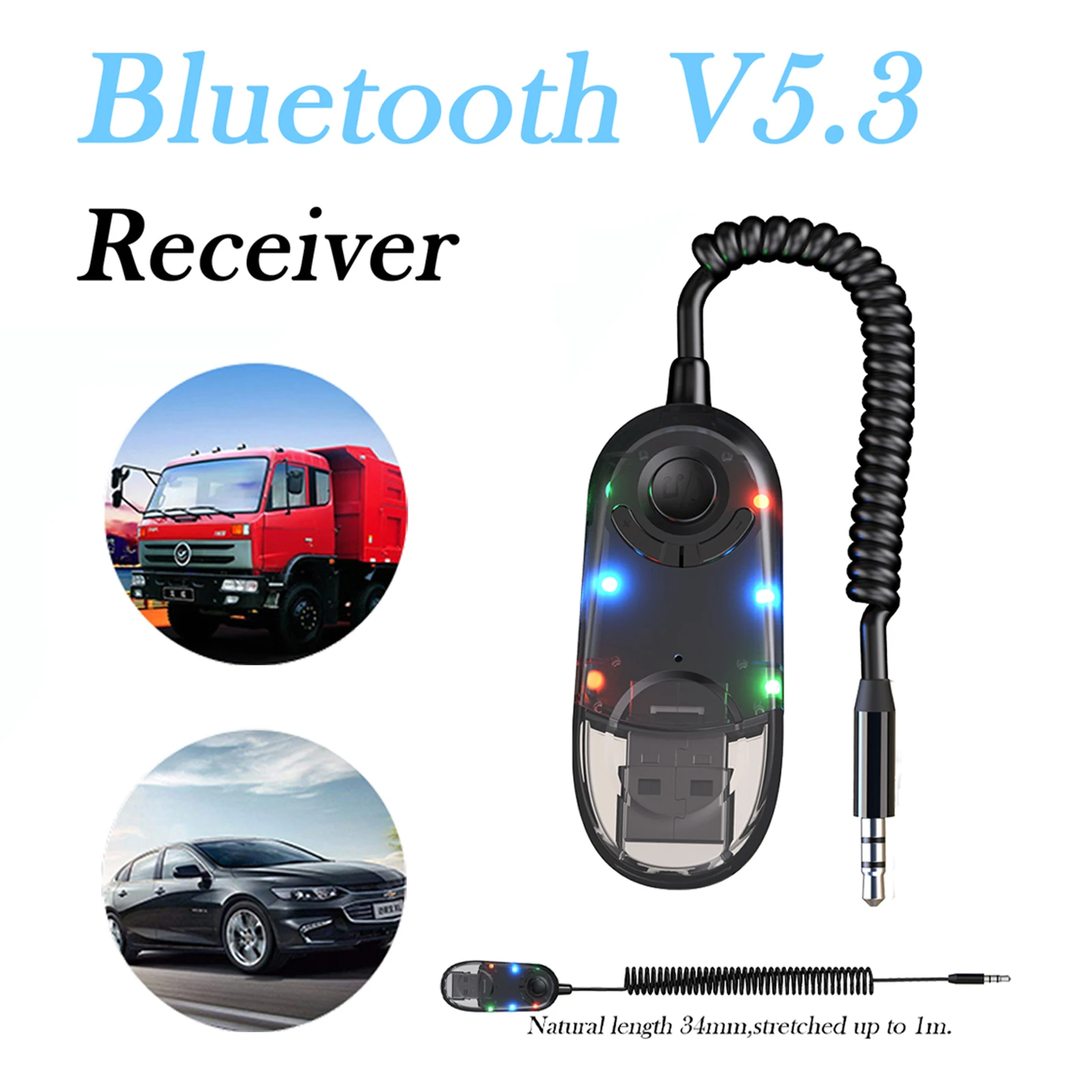 2-in-1 Colorful Car Bluetooth 5.3 Transmitter Receiver TF Card Lossless Audio Adapter Bluetooth Receiver Cars Accessories