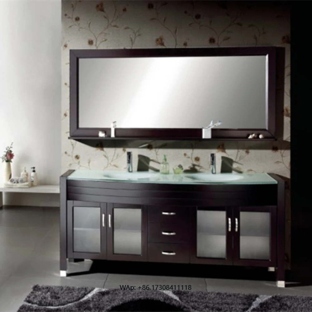 Luxury Custom Modern Floor Mount Bathroom Vanity Cabinet LED Mirror Soft Closing Drawers Freestanding Double Sink Storage Set