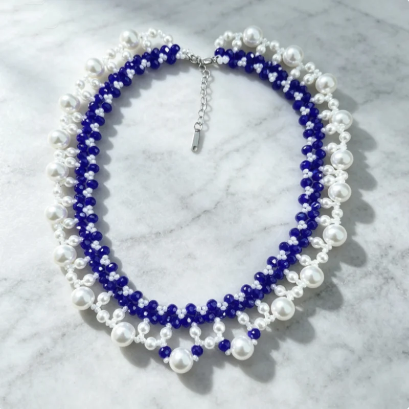 Purely Hand-Woven Mesh Necklace with Pearls and Crystals Arranged in Multiple Layers and Interwoven Patterns