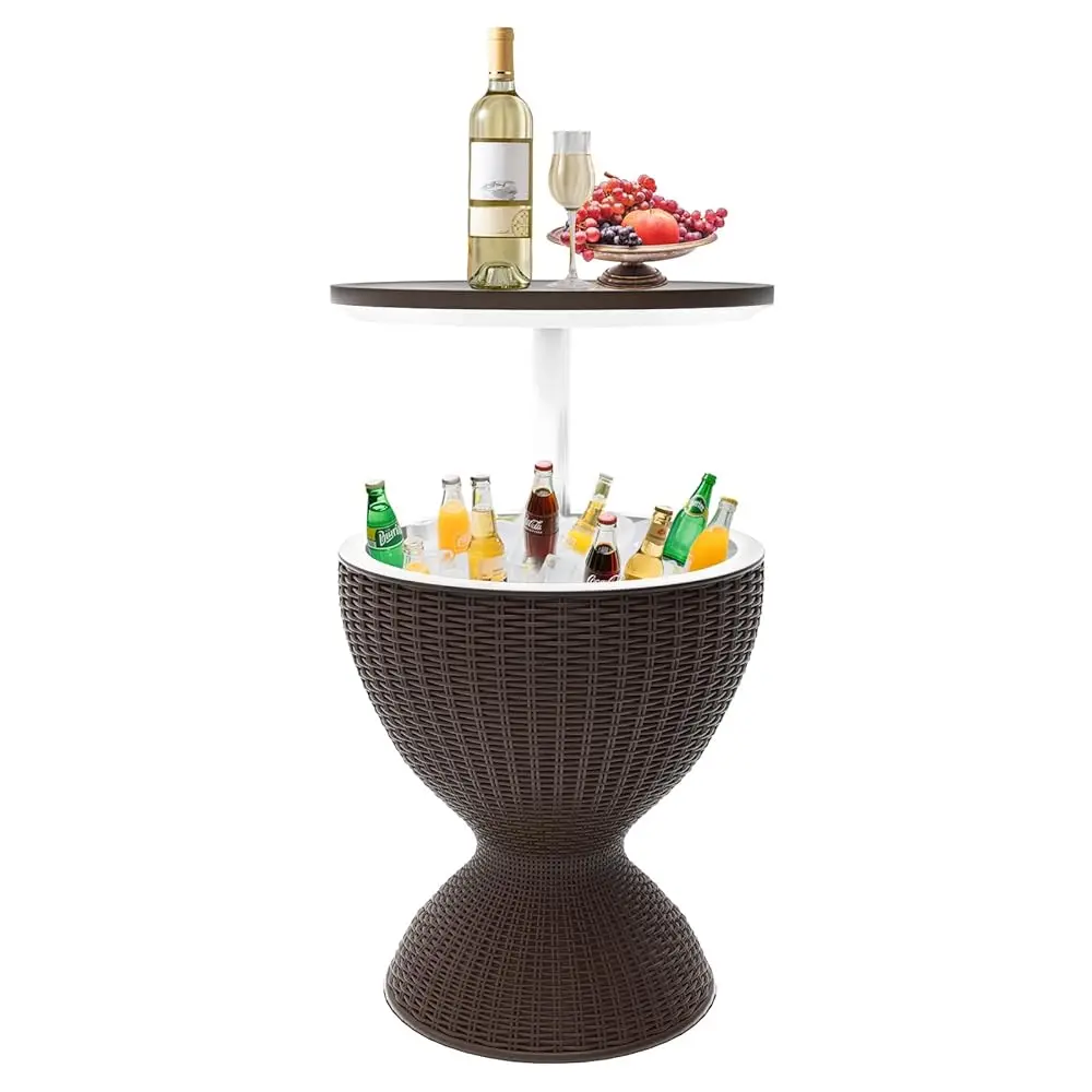 

Patio Cool Bar Table, Height-Adjustable Outdoor Bar Tables 8 Gallon Beer And Wine Cooler, 3-In-1 Rattan Style Ice Cooler With