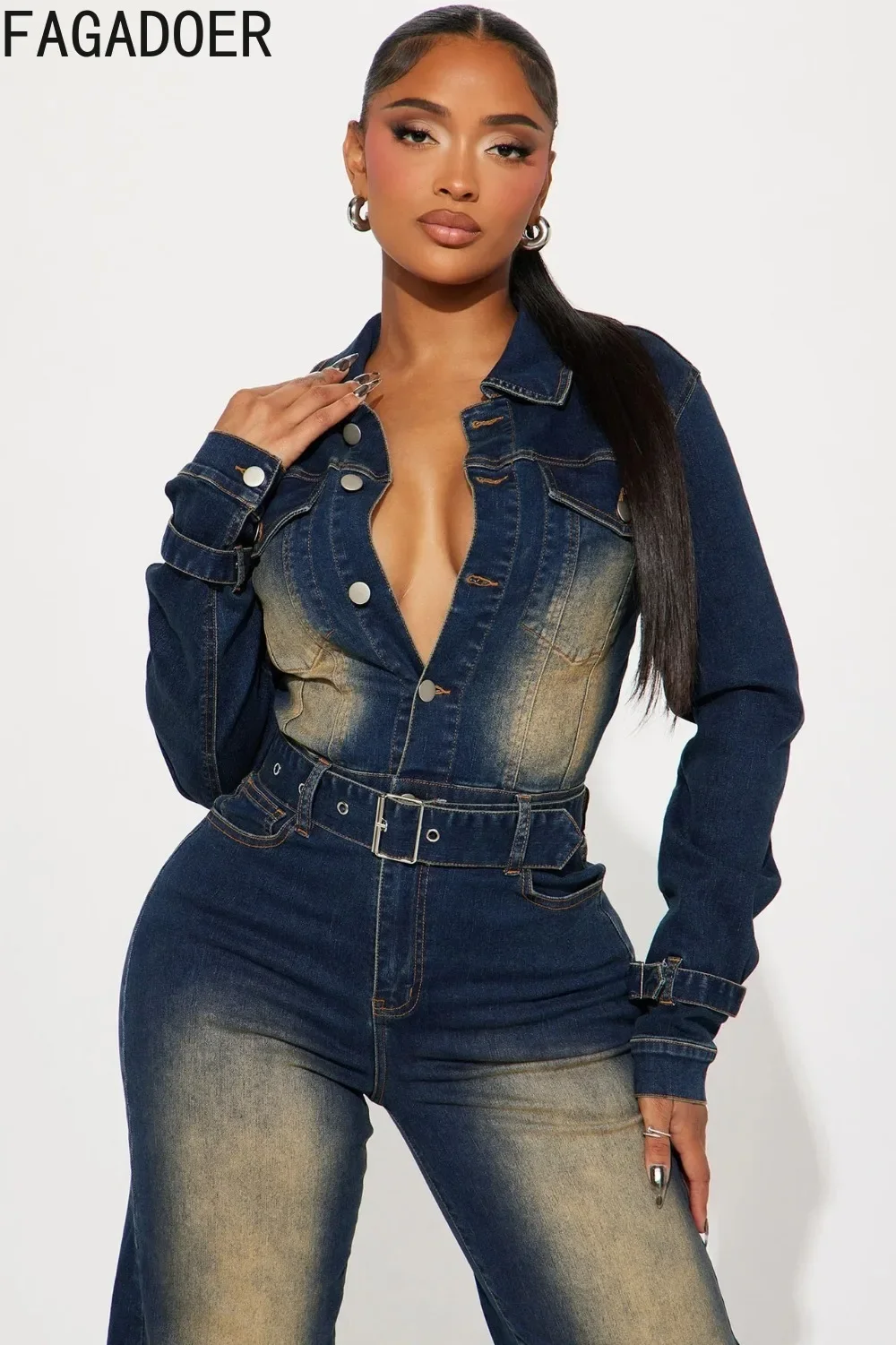 FAGADOER Retro Navy Blue Denim Jumpsuits Women Fashion Tie-dyed Long Sleeve Buttons One Piece Overalls Autumn Jean Playsuits