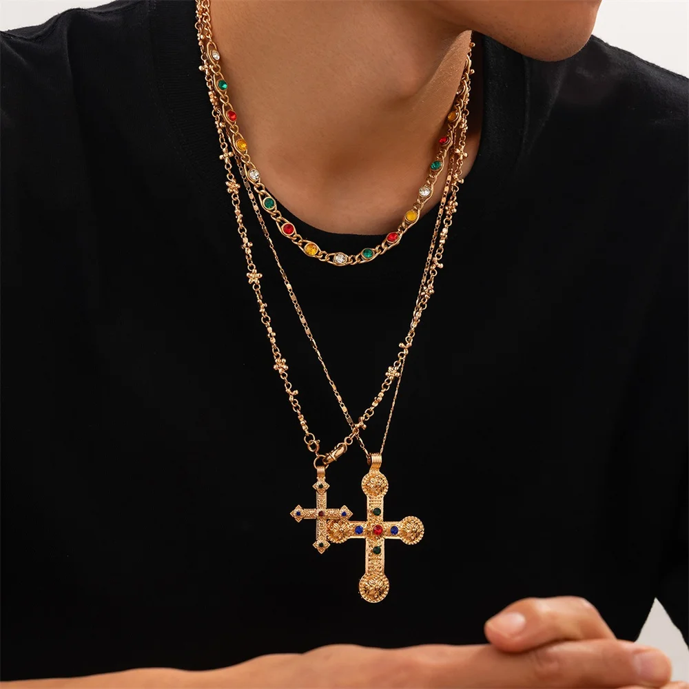 3Pcs/Set Vintage Zircon Cross Pendant Necklace for Women Trendy Colorful Crystal Chain Choker Necklace  Y2K Statement Jewelry