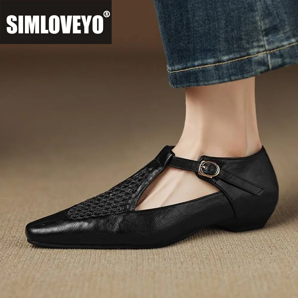 

SIMLOVEYO Высококачественные женские сандалии на плоской подошве с квадратным носком и пряжкой, Т-образный ремешок, дышащая сетка, мягкий повседневный стиль, большие размеры 40–43 (US12)