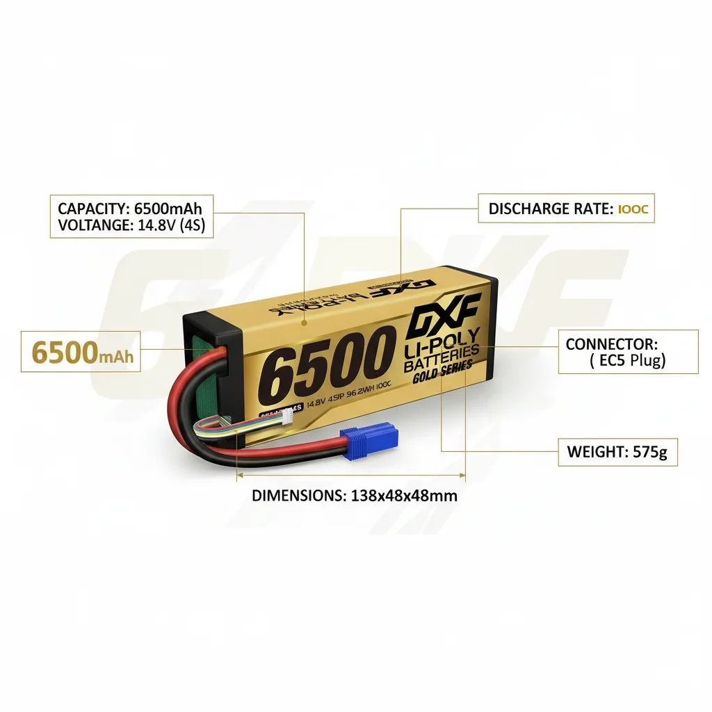 DXF 4S 14.8V Graphene Lipo 6500mAh 100C Battery EC5 Gold Version Racing Series HardCase for RC Car Truck Evader BX Truggy 1/8 Buggy