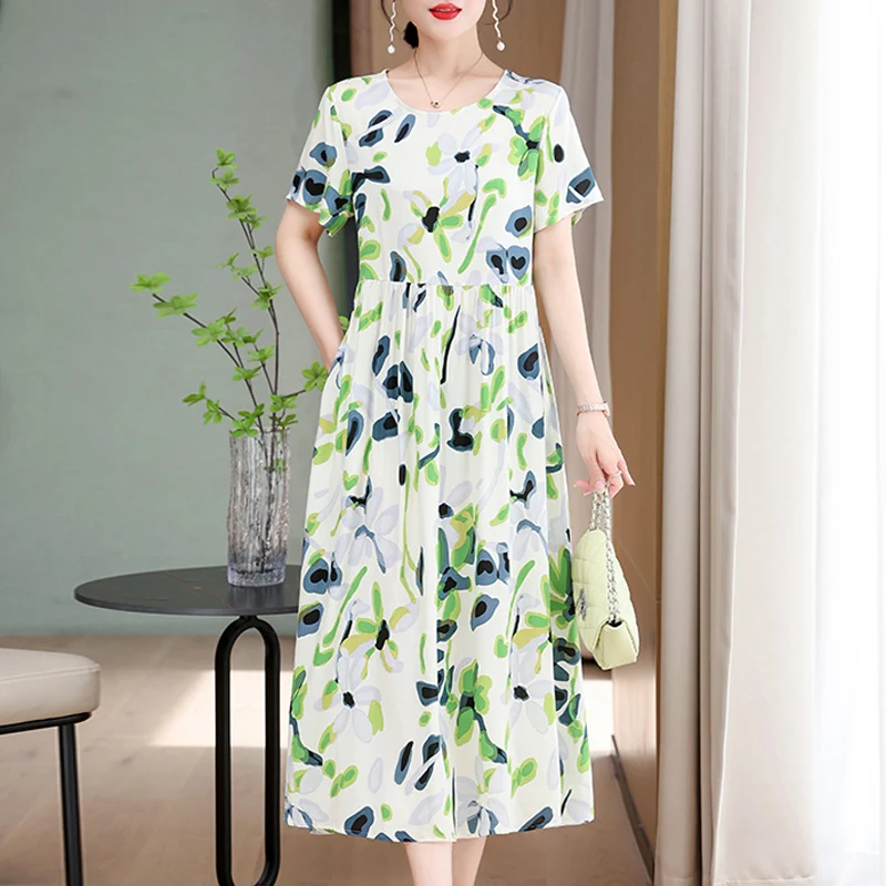 Nowa moda 2024 Letnie sukienki dla kobiet Plus Size O-neck Dress Print Vintage Krótkie proste naturalne sukienki Odzież damska