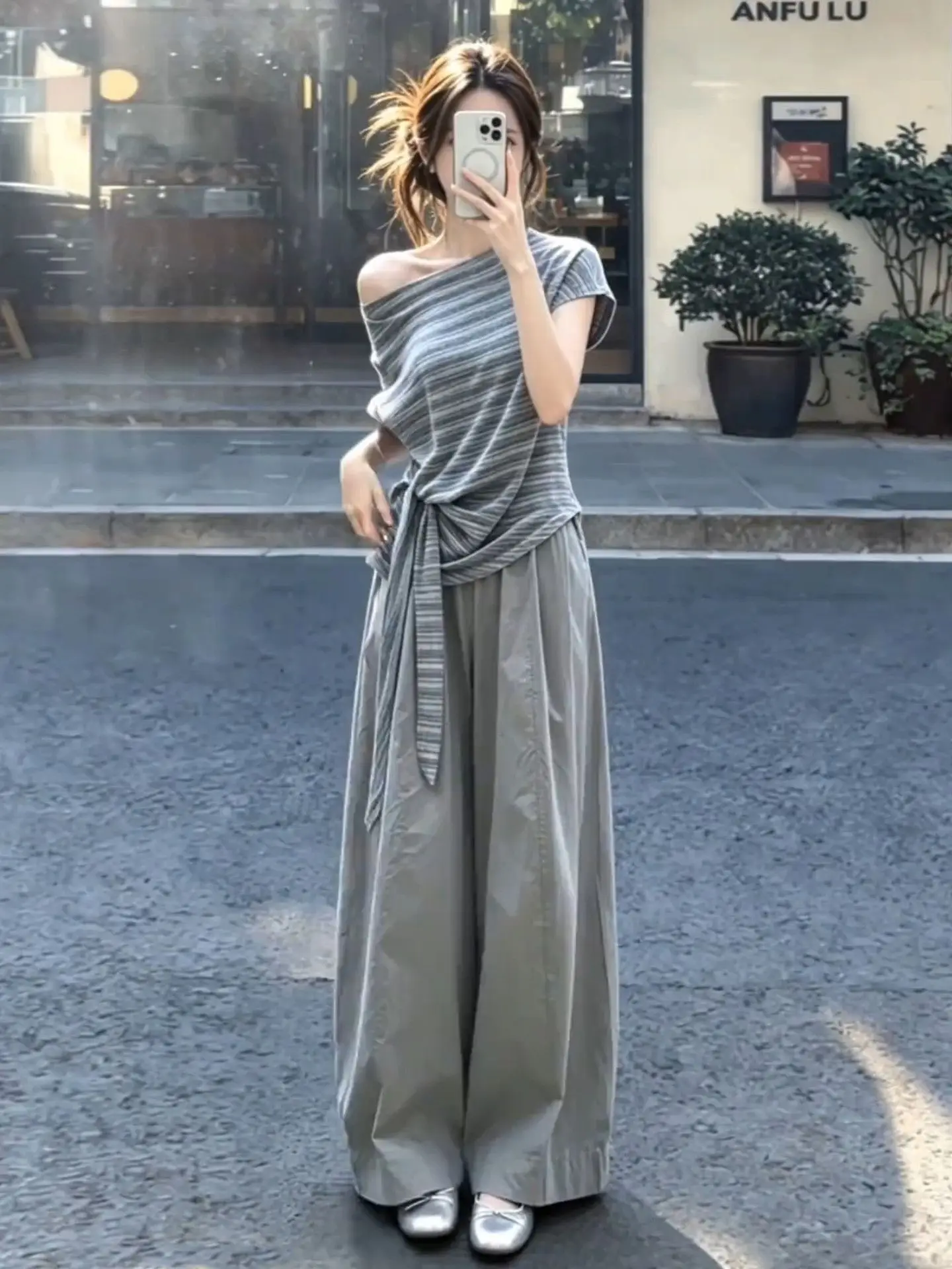 Korean Style Summer Casual Striped Top And Pants Set Women's Loose Feelings Slouchy Shoulder T-Shirt Long Pants Two Piece Set