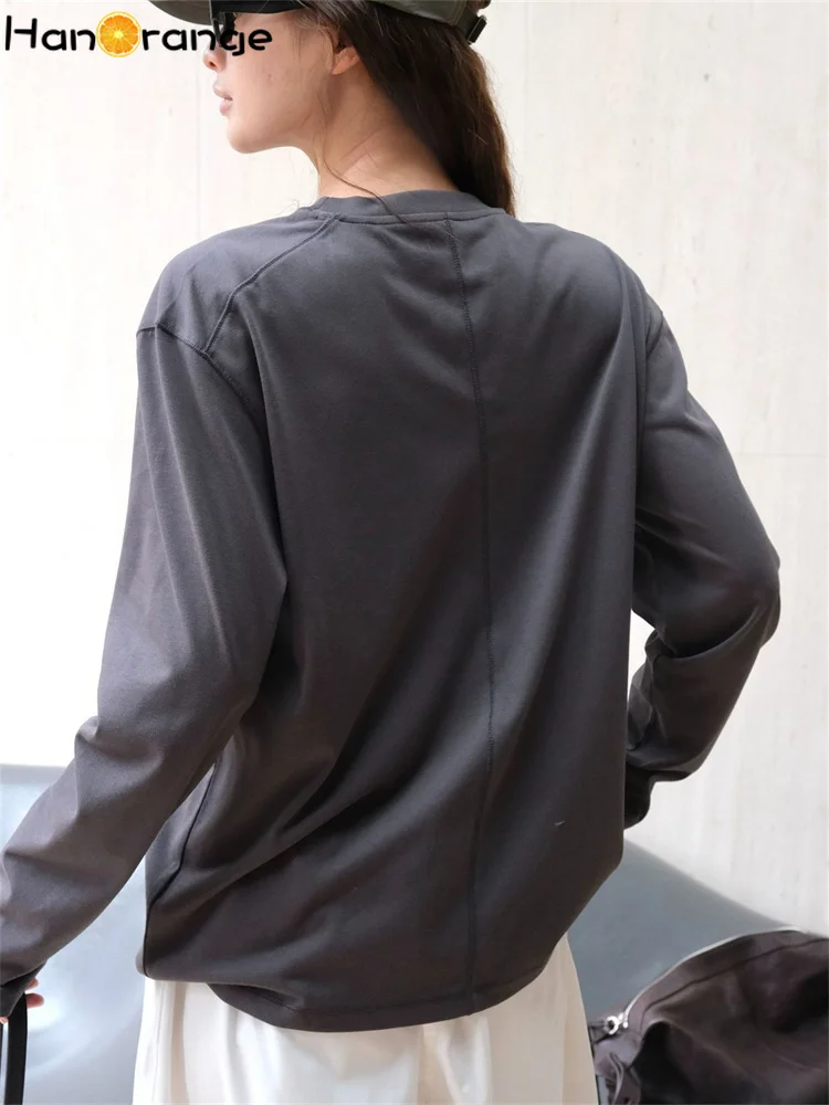 HanOrange 2024 Autumn Simple Fashion Silhouette Long Sleeve T-shirt Women O-neck Loose Casual Top Tees White/Dark Gray/Blue