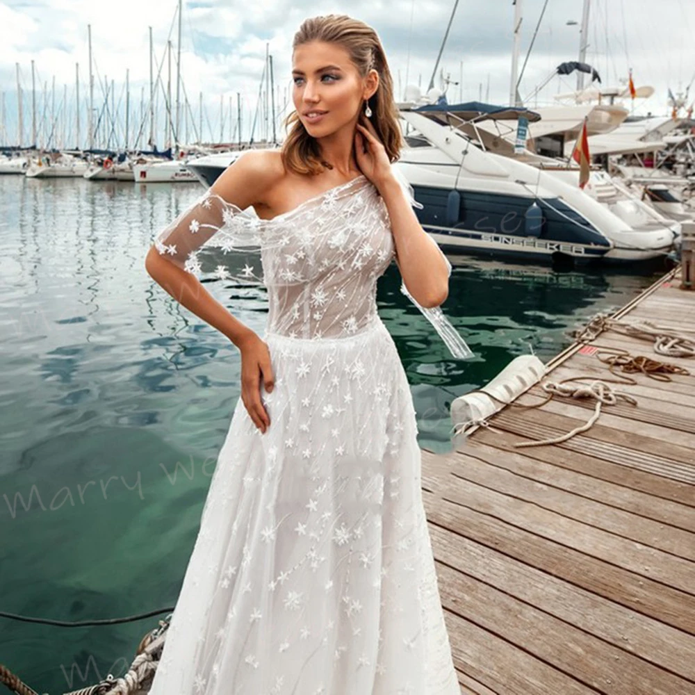 Boho Charming Graceful A Line Women's Wedding Dresses Classic Modern Lace One Shoulder Bride Gowns Vintage Beach Robe De Mariée