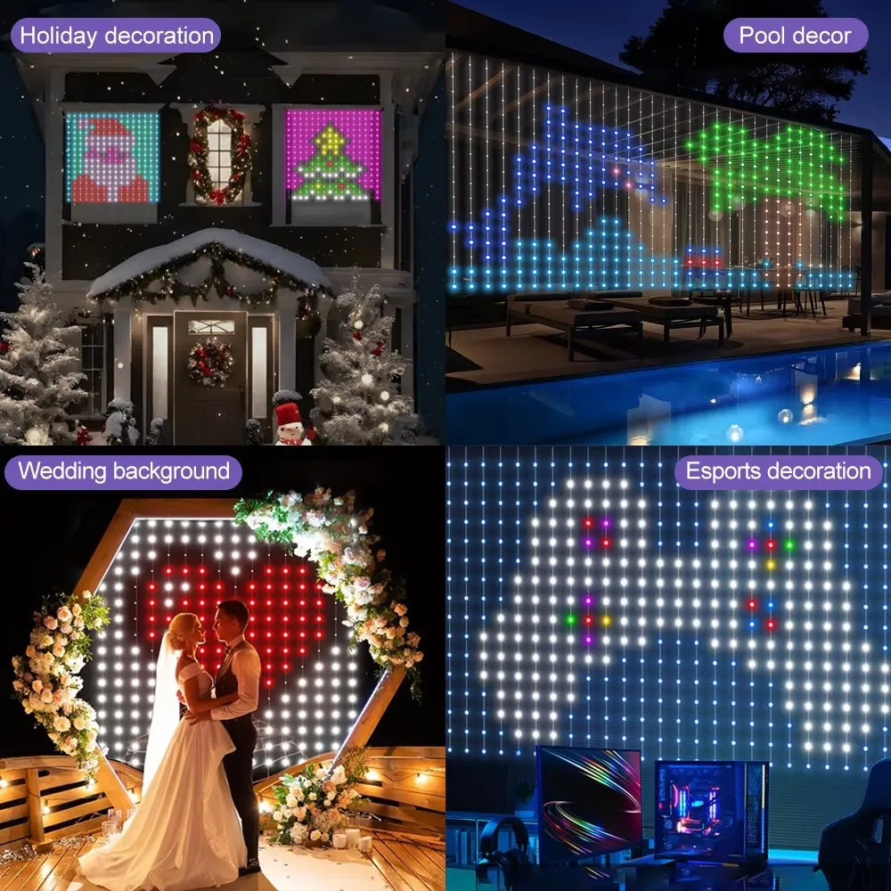 Smart RGB Curtain Lights String LED Color Changing Fairy Curtain Lights Outdoor with Remote App Control for Bedroom Living Room