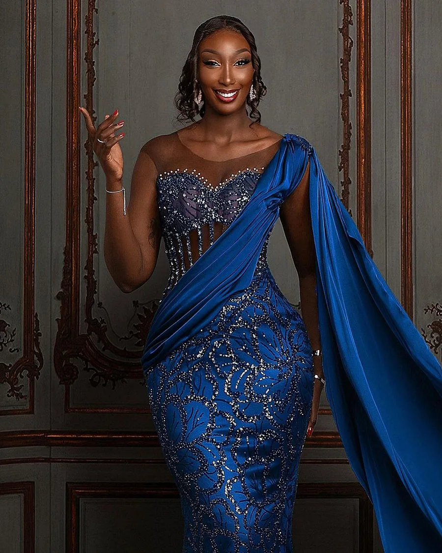 Royal Blue Mermaid Evening Dresses Beads Illusion Strapless Sleeveless Sequins Prom Dress Aso Ebi Wedding Reception Gowns