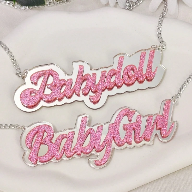 KUGUYS Glitter Pink Babydoll Babygirl Pendant Necklace for Women Letters Mirror Silver Color Acrylic Fashion Jewelry